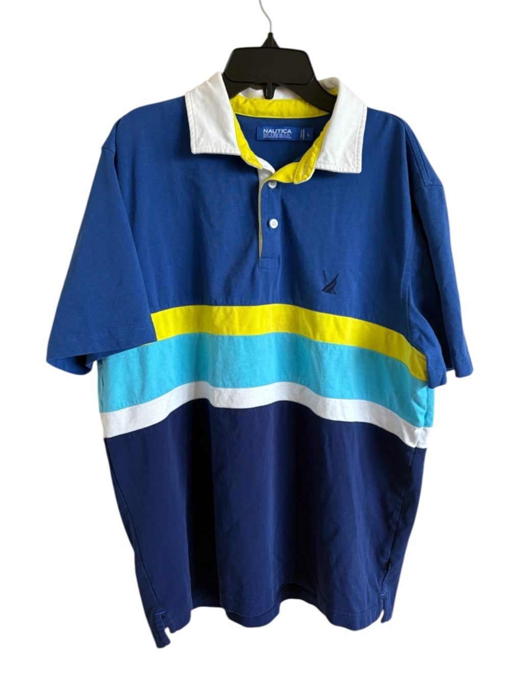 Nautica “Blue Sail” Blue, Yellow & White Striped Colorblock Polo